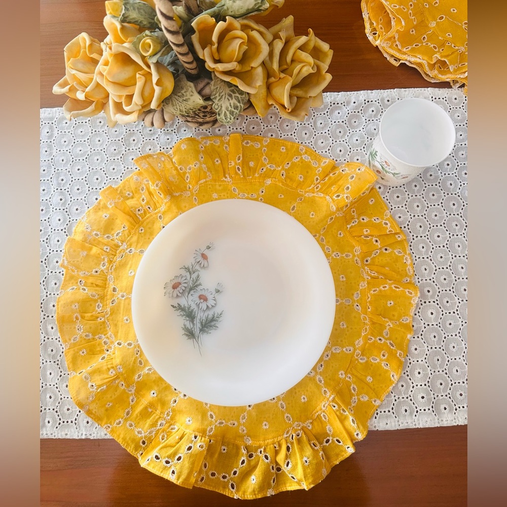 Yellow Ruffled & Scalloped Table Placemats - 100% Pure Linen (Sold as set of 2)